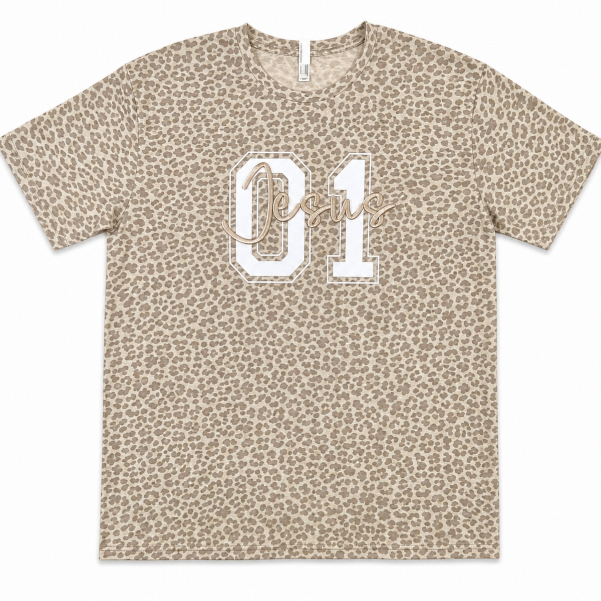 Jesus 01 - 3DPuff Embroidery Leopard Print Natural Unisex T-Shirt