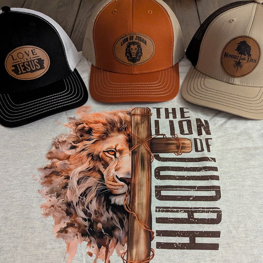 Lion Of Judah - Mesh Back Trucker Hat - Leather Patch - Texas Orange/Beige
