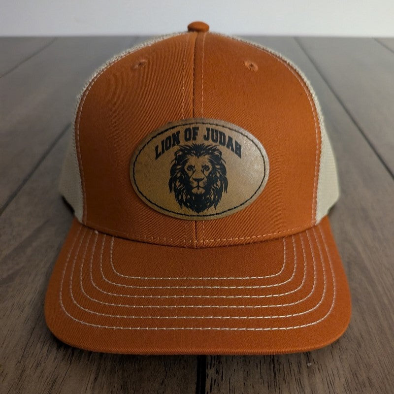 Lion Of Judah - Mesh Back Trucker Hat - Leather Patch - Texas Orange/Beige