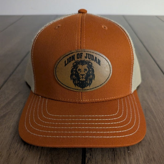 Lion Of Judah - Mesh Back Trucker Hat - Leather Patch - Texas Orange/Beige