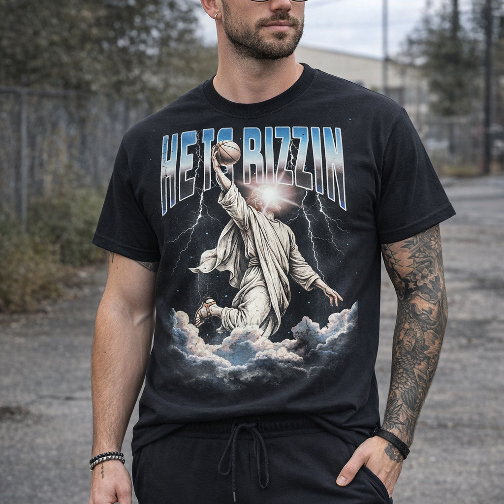 He Is Rizzin' - Comfort Colors Black Heavyweight T-Shirt with Rhinestones