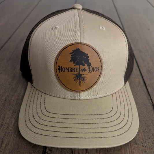 Hombre de Dios - Mesh Back Trucker Hat - Leather Patch - Brown/Khaki