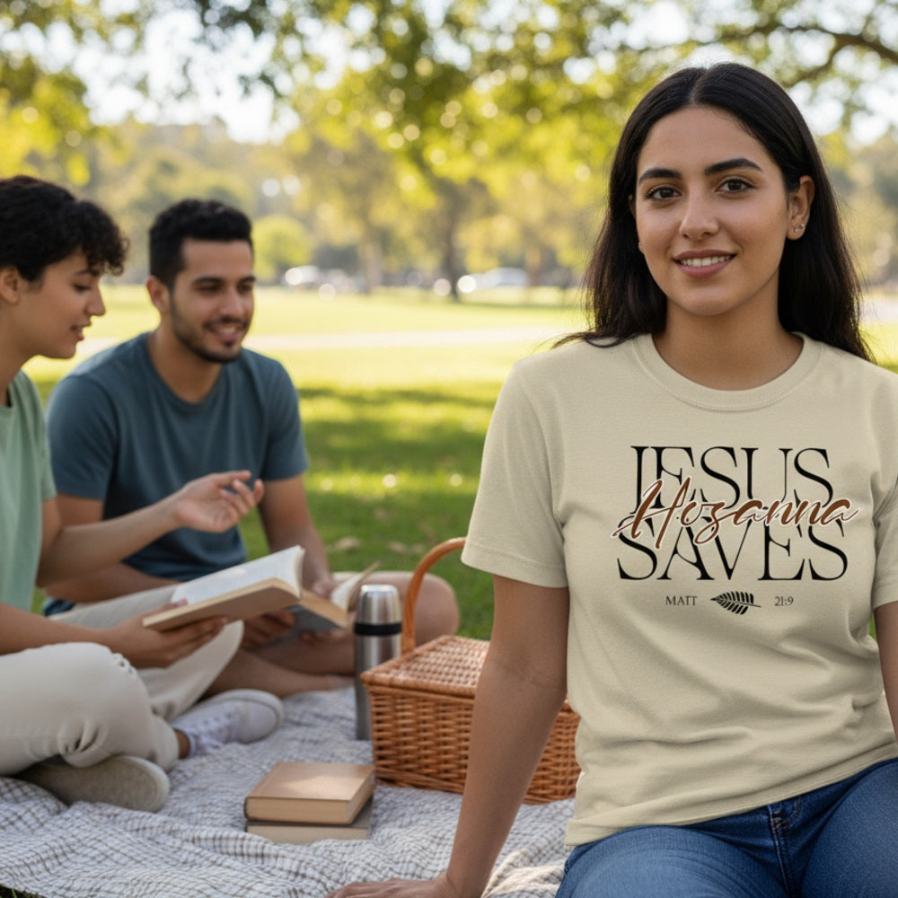 Hosanna Jesus Saves - Unisex Premium Soft T-Shirt Cream/Black/White