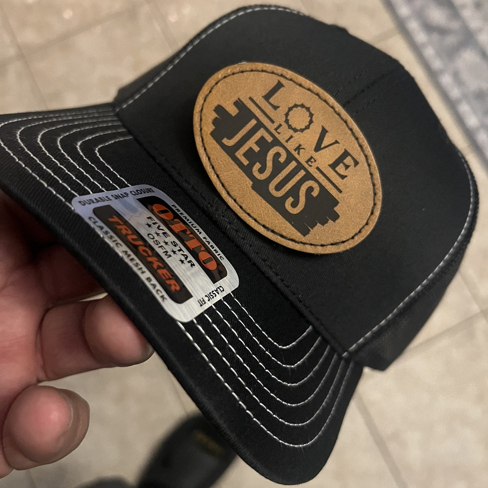 Love Like Jesus - Mesh Back Trucker Hat - Leather Patch - Black/White or Black/Black