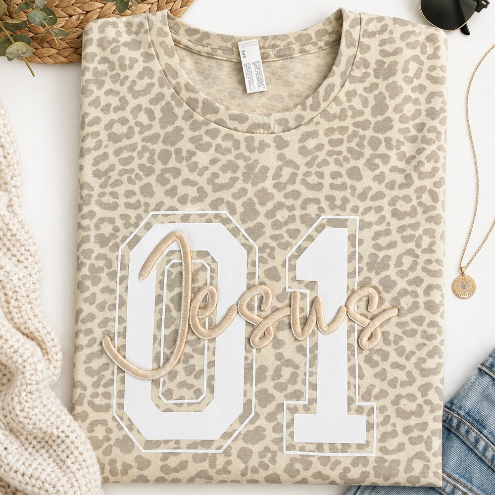 Jesus 01 - 3DPuff Embroidery Leopard Print Natural Unisex T-Shirt