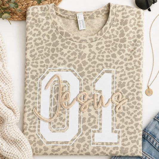 Jesus 01 - 3DPuff Embroidery Leopard Print Natural Unisex T-Shirt