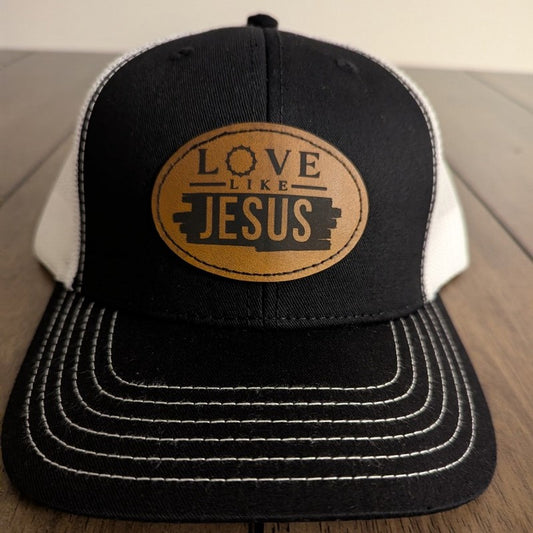 Love Like Jesus - Mesh Back Trucker Hat - Leather Patch - Black/White